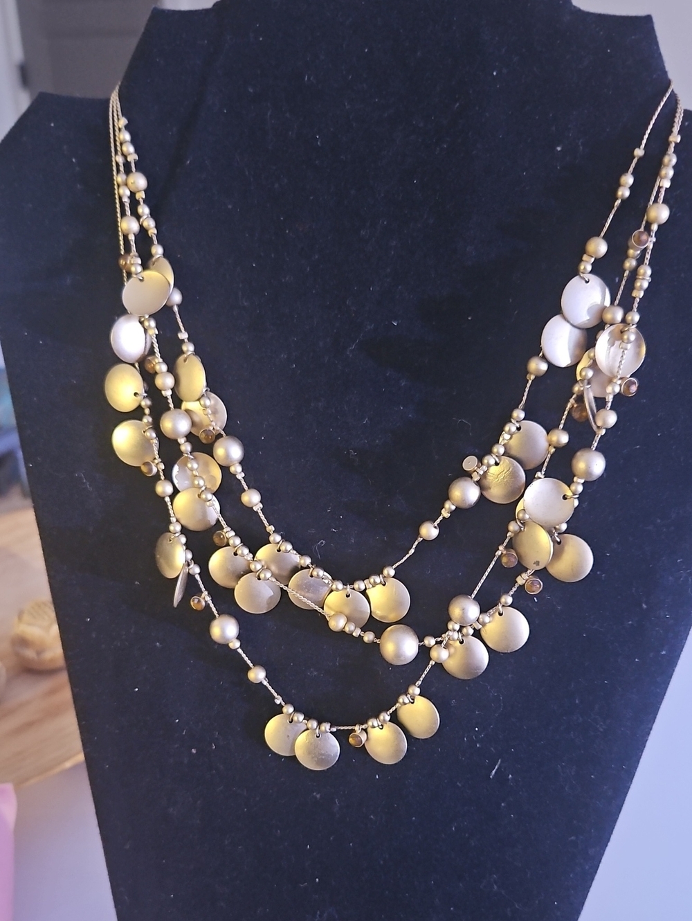 Gold Toned Multi-Strand Disc  Bead Necklace - Women Jewelry